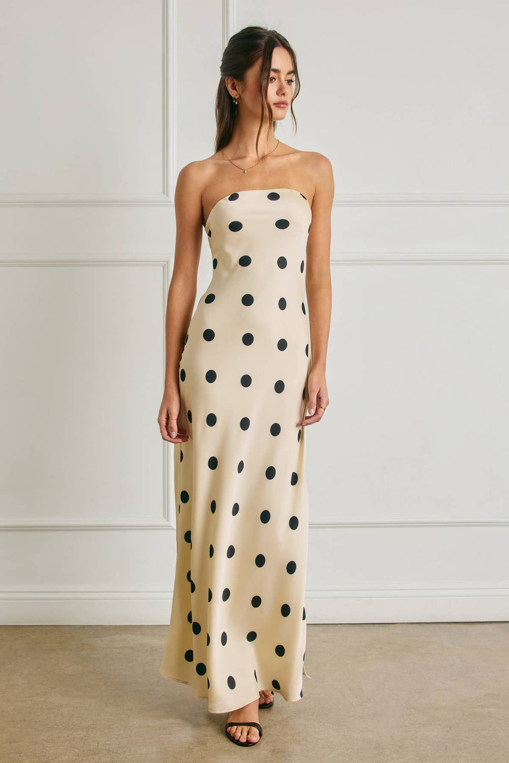 Polka Dot Satin Strapless Maxi Dress