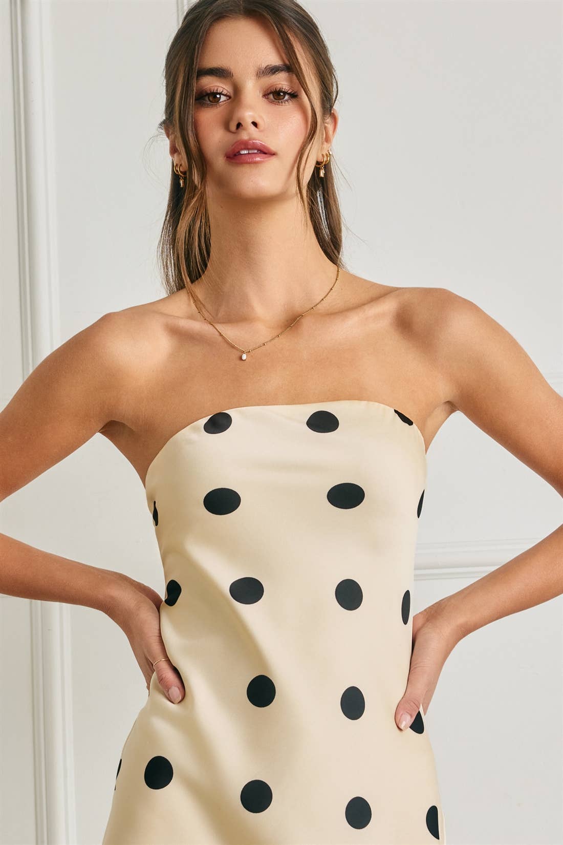 Polka Dot Satin Strapless Maxi Dress