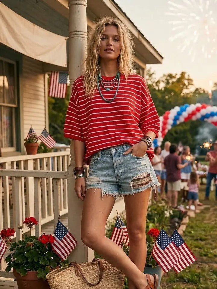 Oversized Stripe Knit Top - Red|7901