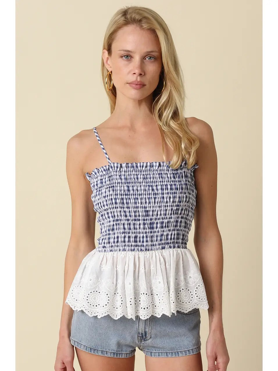 Gingham Navy Stripe Smocked Cami|7889