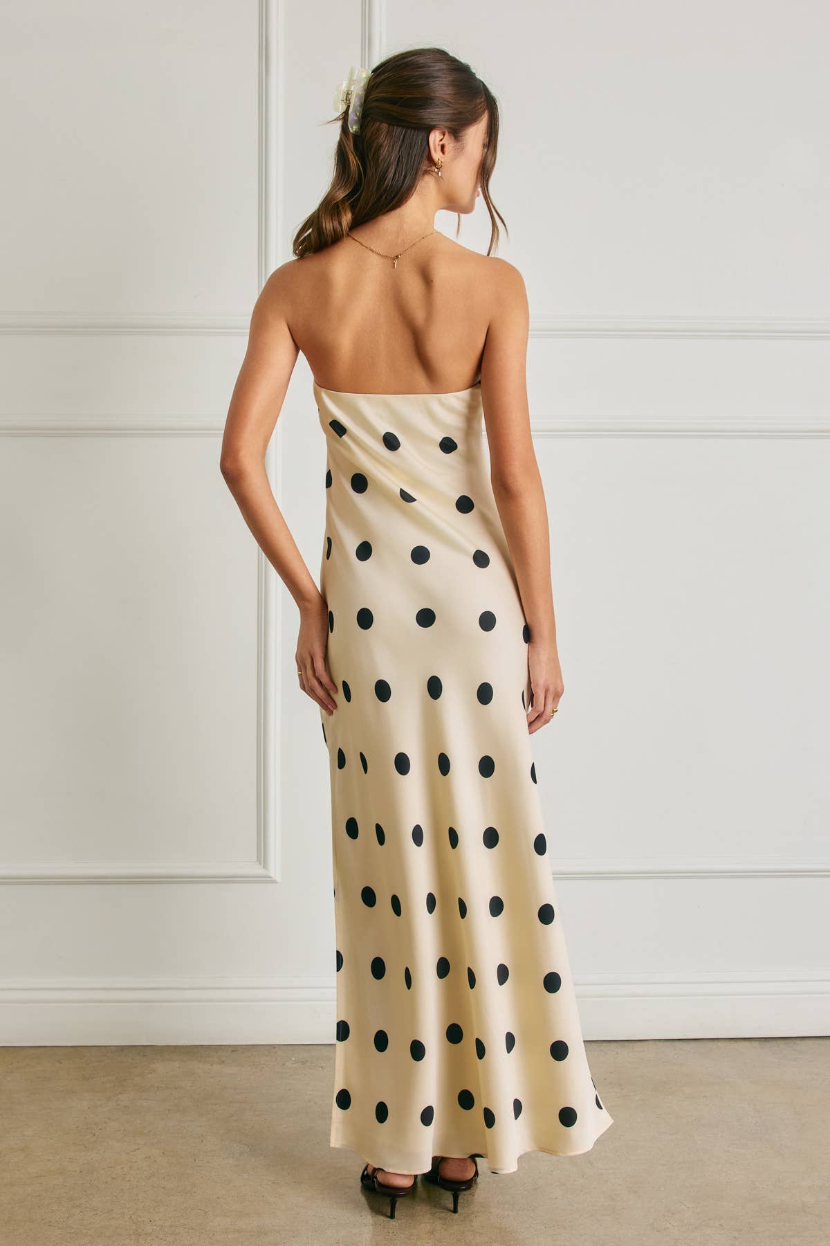 Polka Dot Satin Strapless Maxi Dress