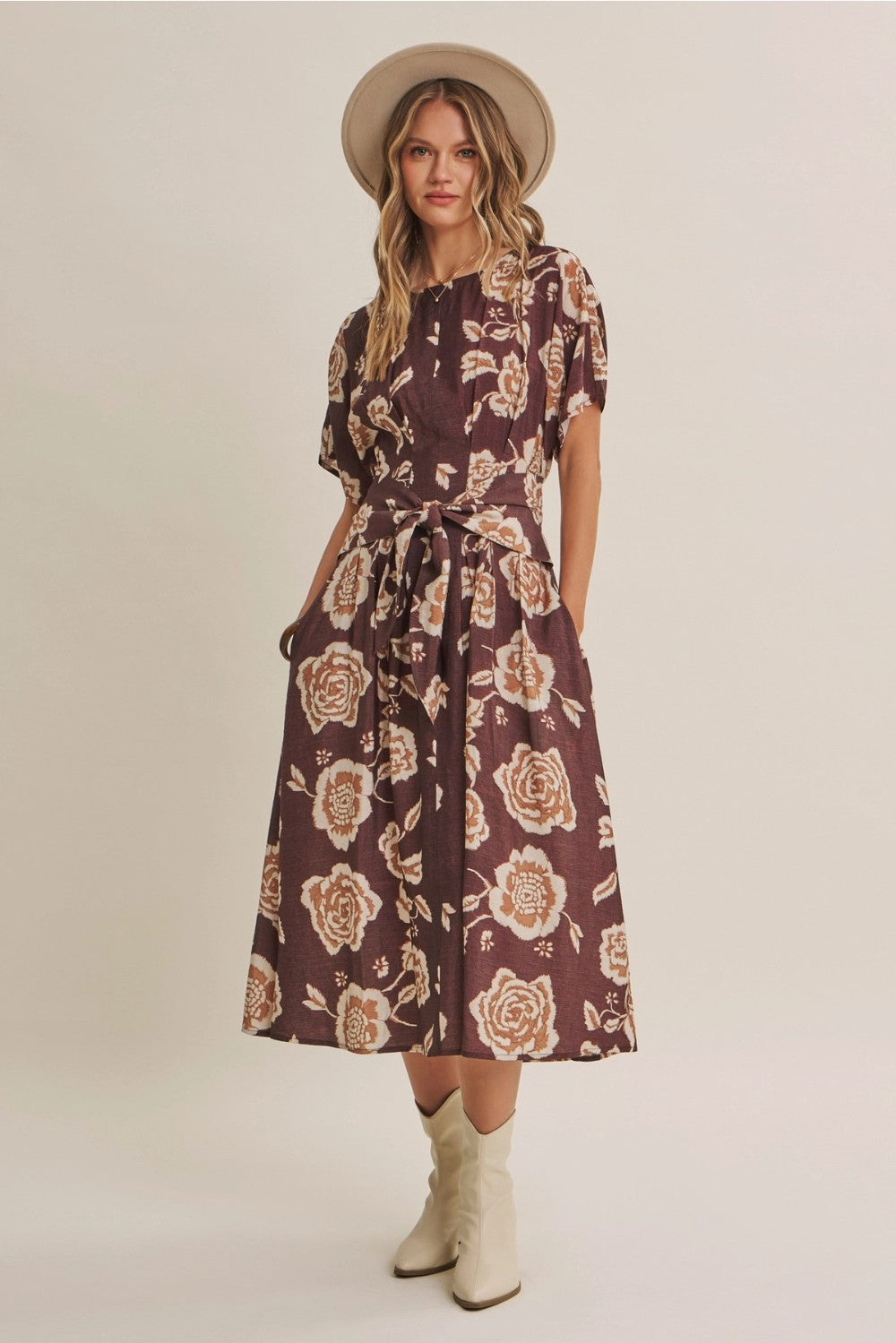 Vintage Floral Pleated Midi Dress|7983