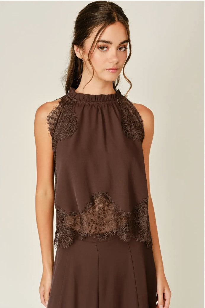 Lace Trim Ruffle Neck Blouse Top|8365
