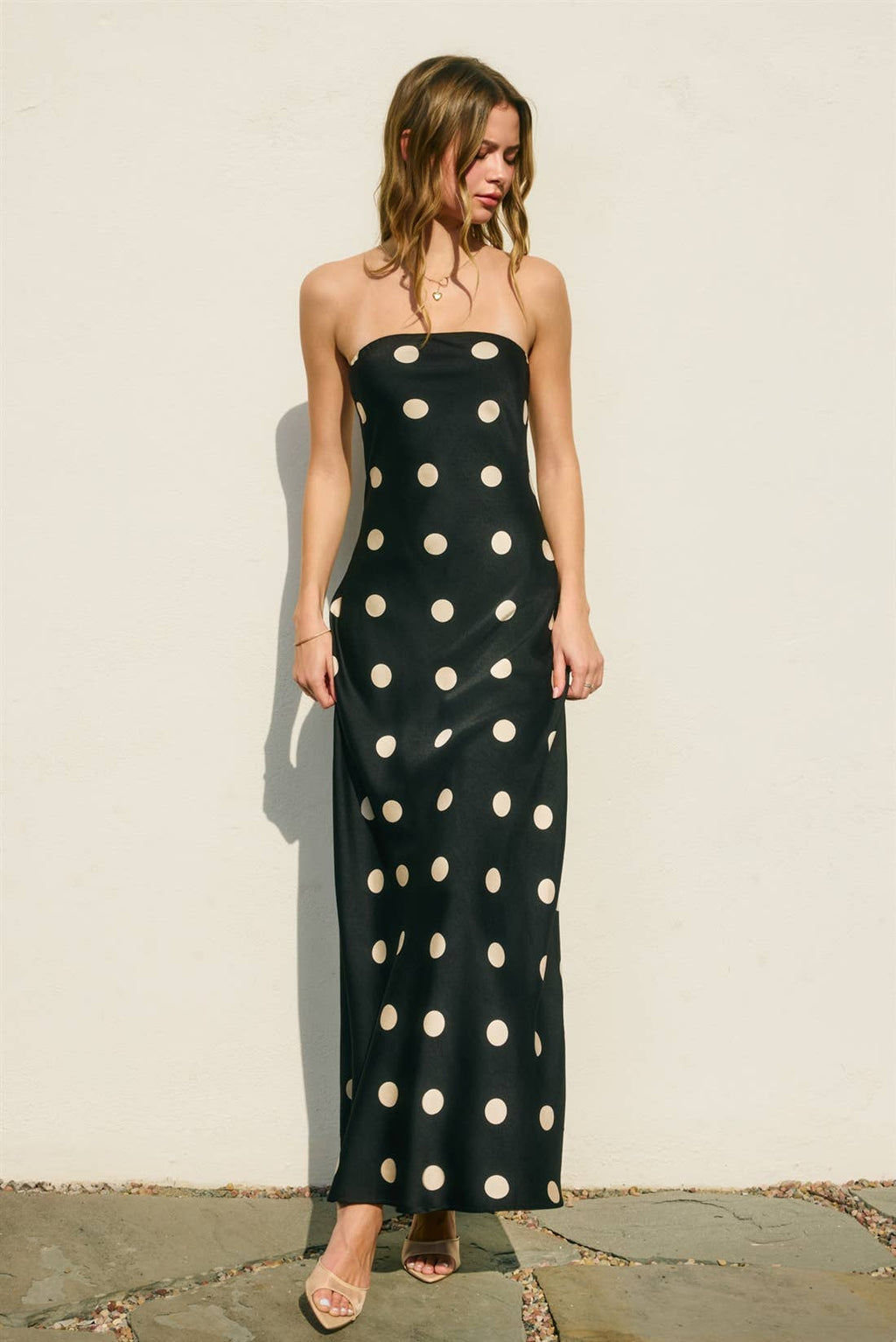 Polka Dot Satin Strapless Maxi Dress