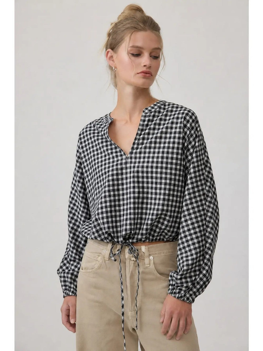 Gingham Drawstring Blouse|8079