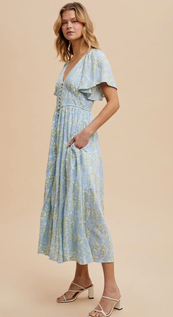 Cornflower Smocked Waist Button Down Maxi|7500