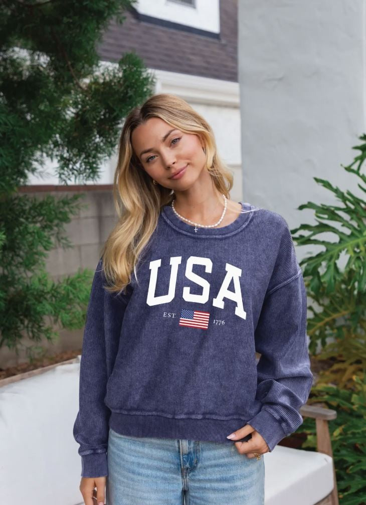 USA Est 1776 Cropped Pullover- Blue|5911