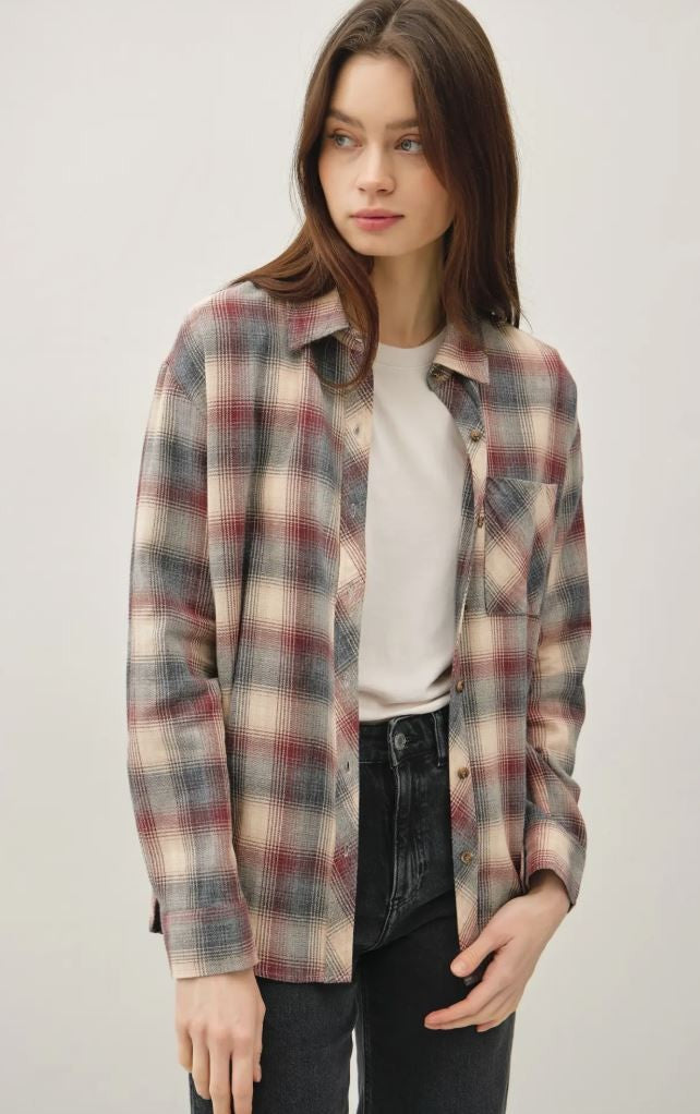 Cotton 100 Burgundy/Grey Plaid Shirt|6223