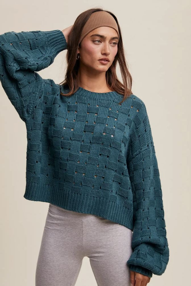 Green Basket Weave Balloon Sleeve Sweater|6224