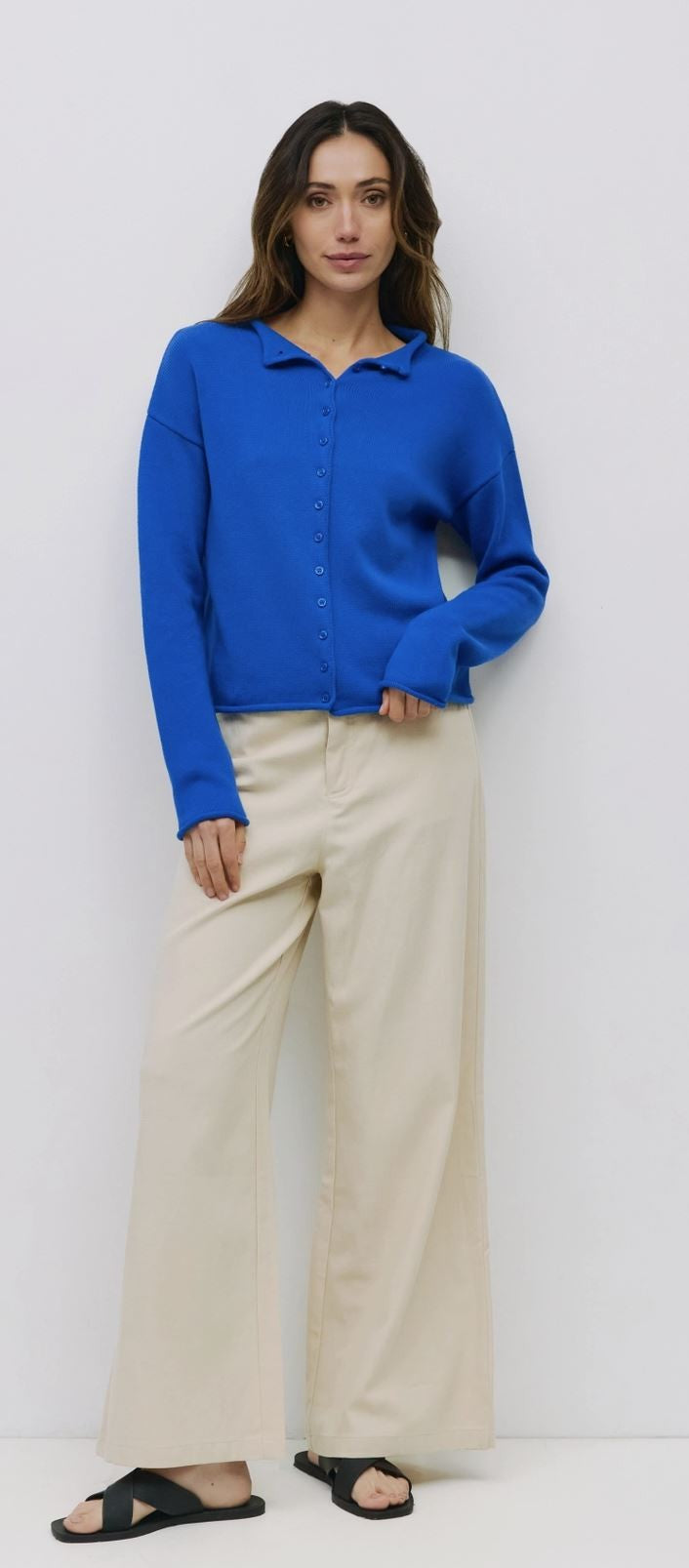 Blue Raw Hem Button-Down Cardigan|6227
