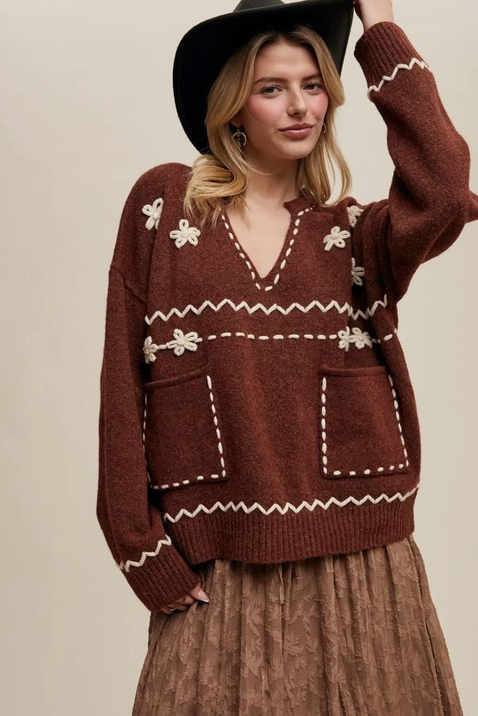 Floral Embroidered Knit Sweater|6230