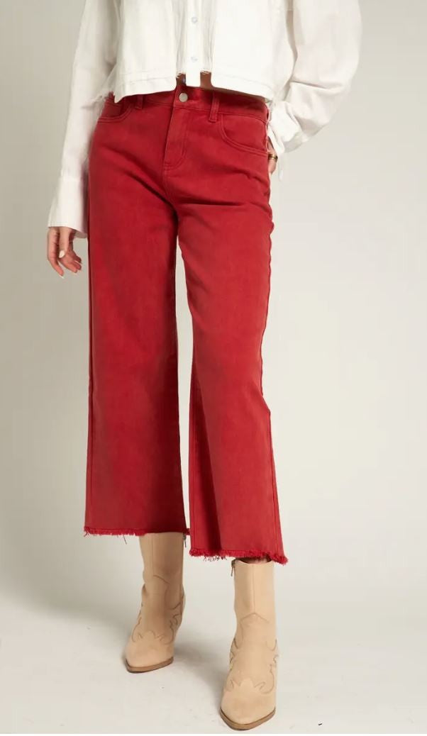 Red Cropped Jeans w Frayed Hem|6233