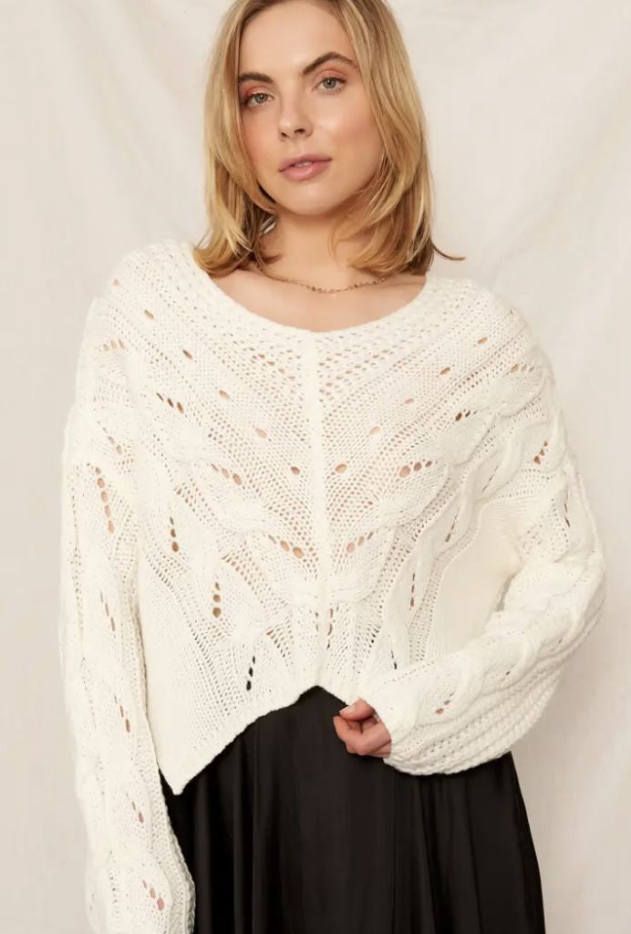V-Neck Cable Knit Cropped Sweater|6235
