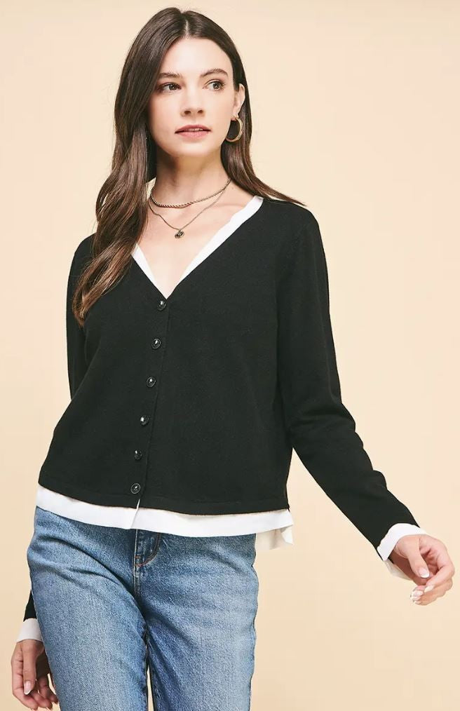 V-Neck Button Down Woven Combo Top|6238