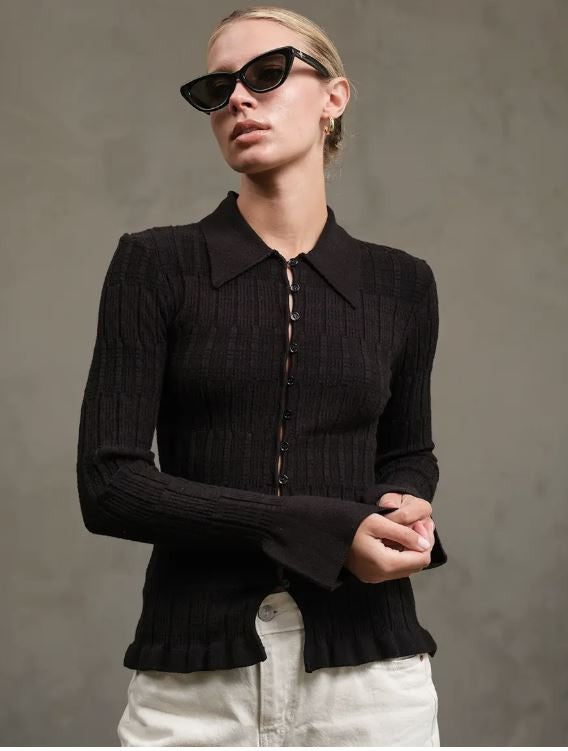 Knitted Collar Cardigan black|6248