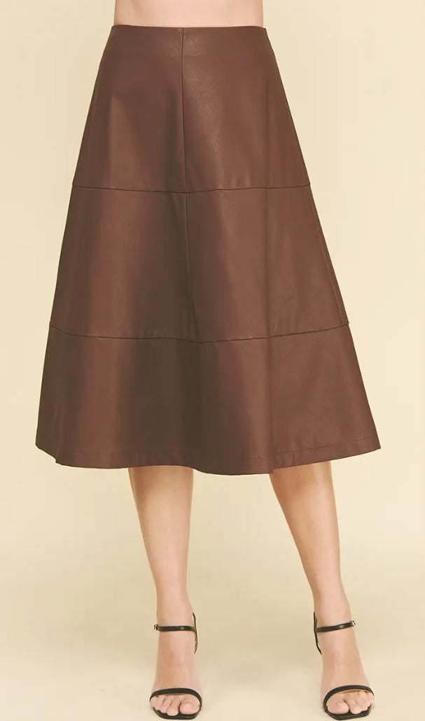 Brown Pu Leather Tiered A-Line Skirt|6263