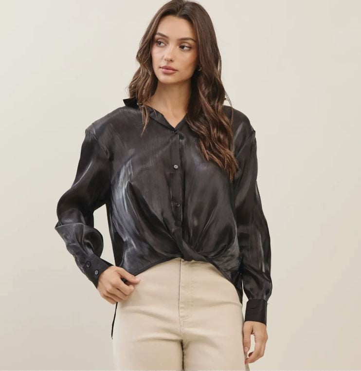 Twisted Hem Satin Blouse- Black|6268