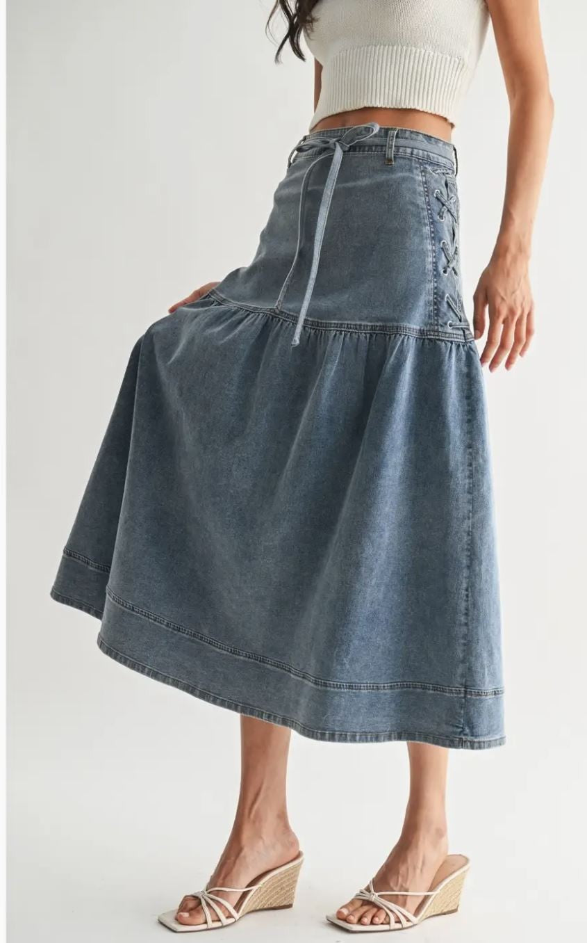 Denim Midi Skirt with Lace-Up Detail|6351