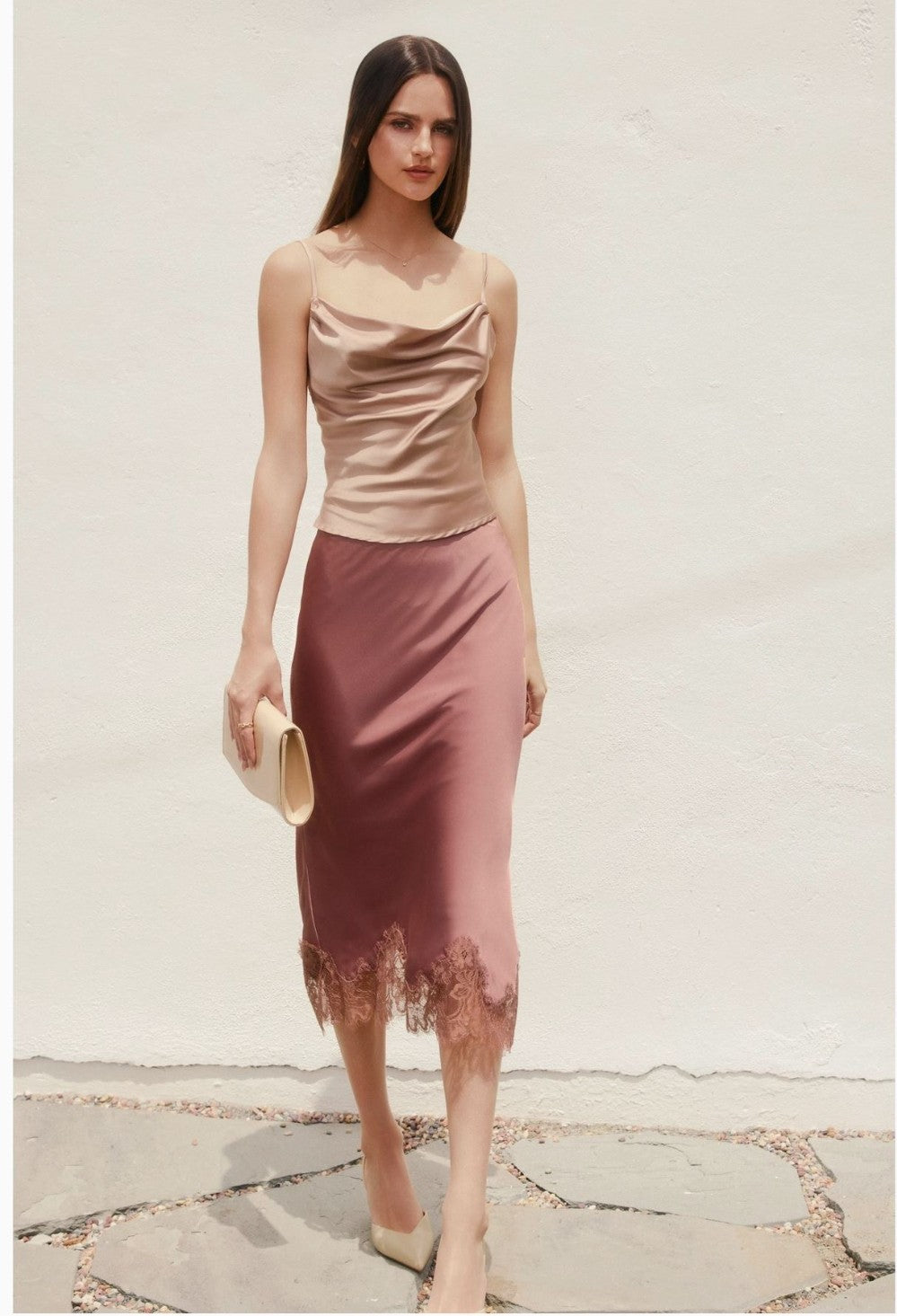 Dull Satin Lace Hem Pencil Skirt|6438