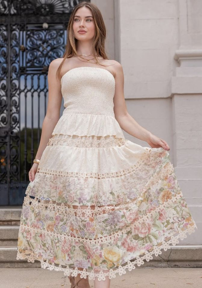 Eyelet Lace Tube Dress in Floral Print|6525