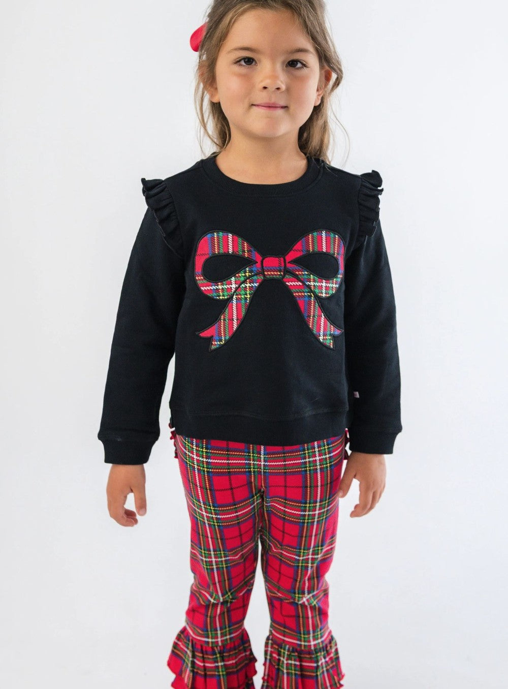 Plaid Bow Black Applique Flutter Sweatshirt|6560
