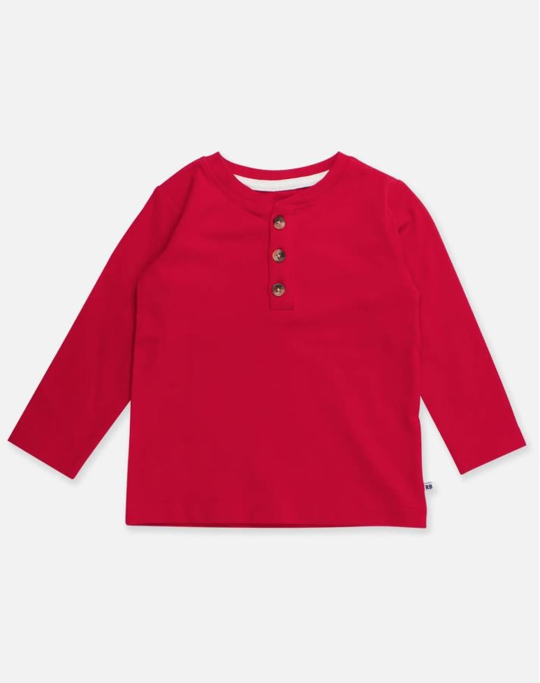 Red Knit Long Sleeve Henley Tee|6562