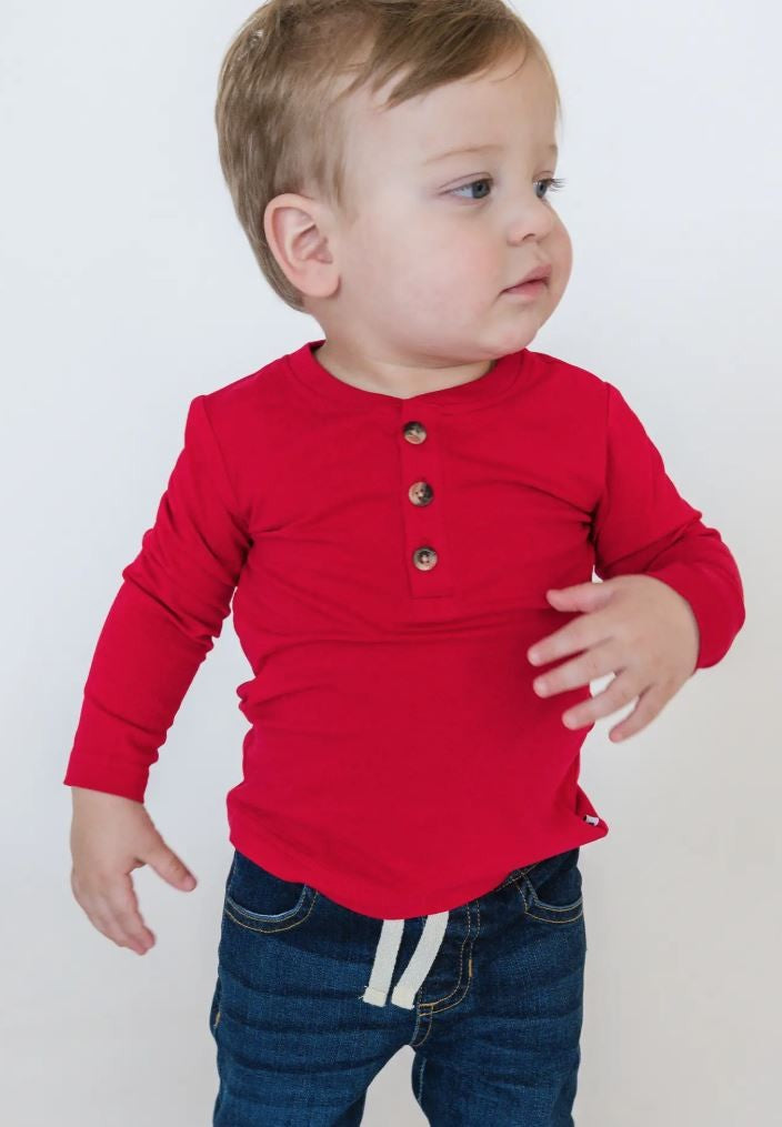 Red Knit Long Sleeve Henley Tee|6563