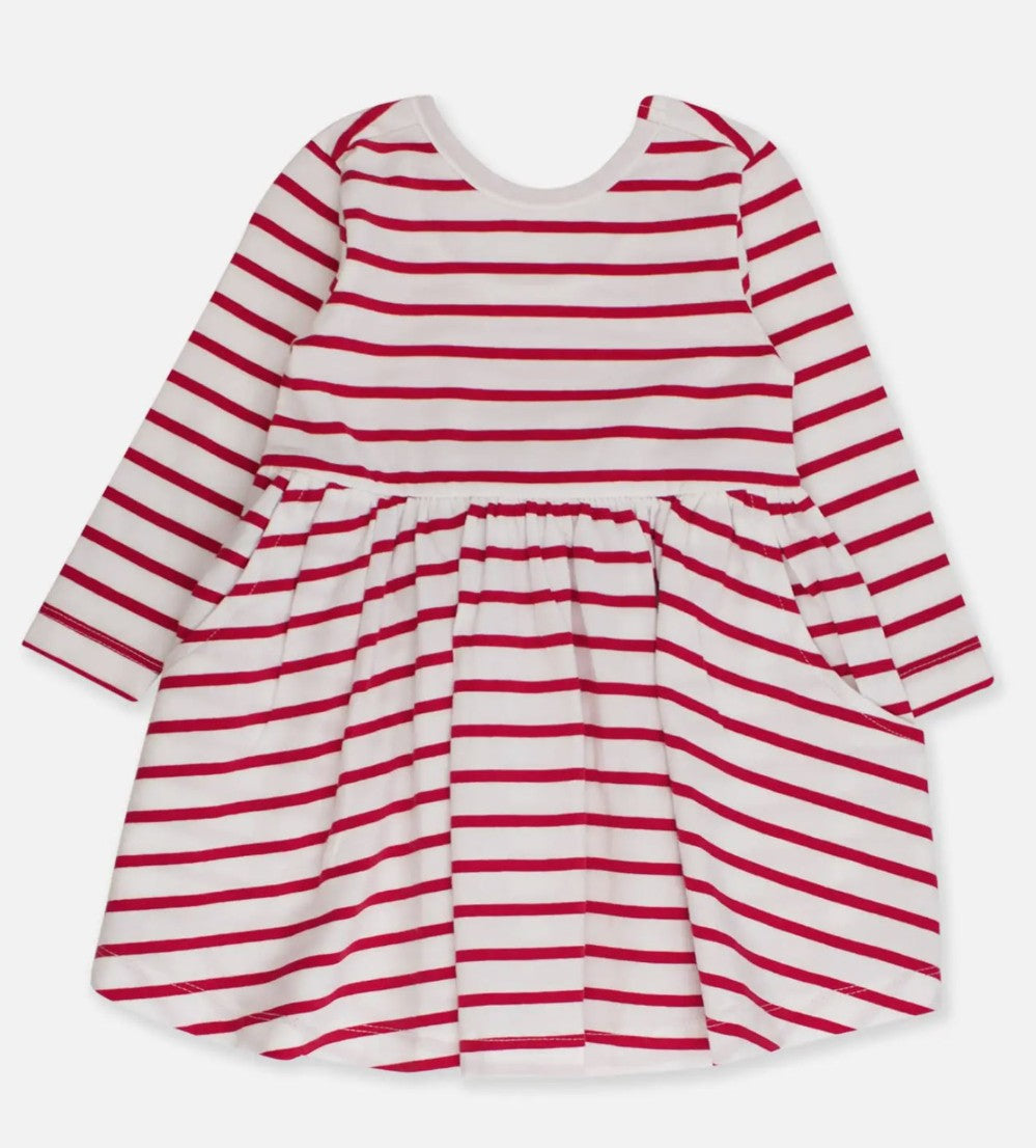 Red & White Stripe Knit Long Sleeve Twirl Dress|6564