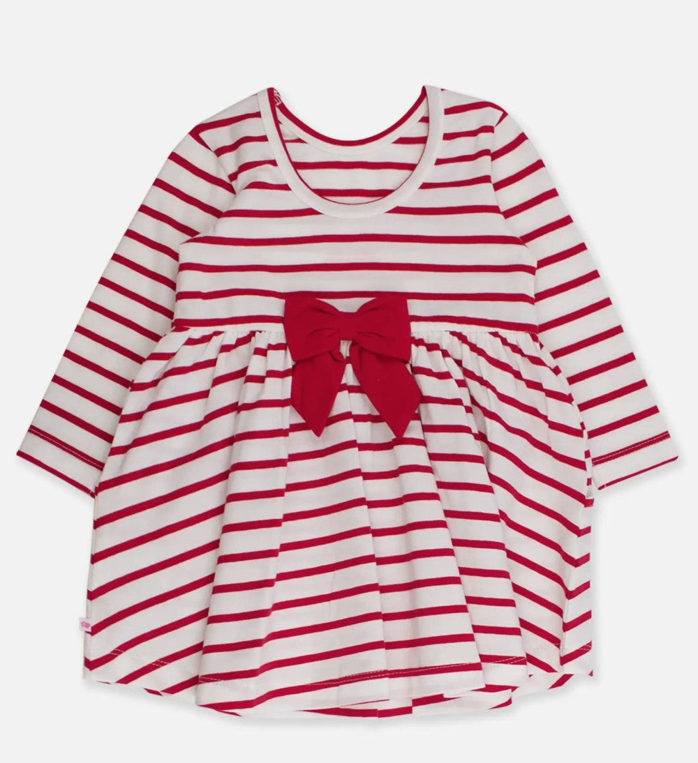 Red & White Stripe Knit Long Sleeve Twirl Dress|6565