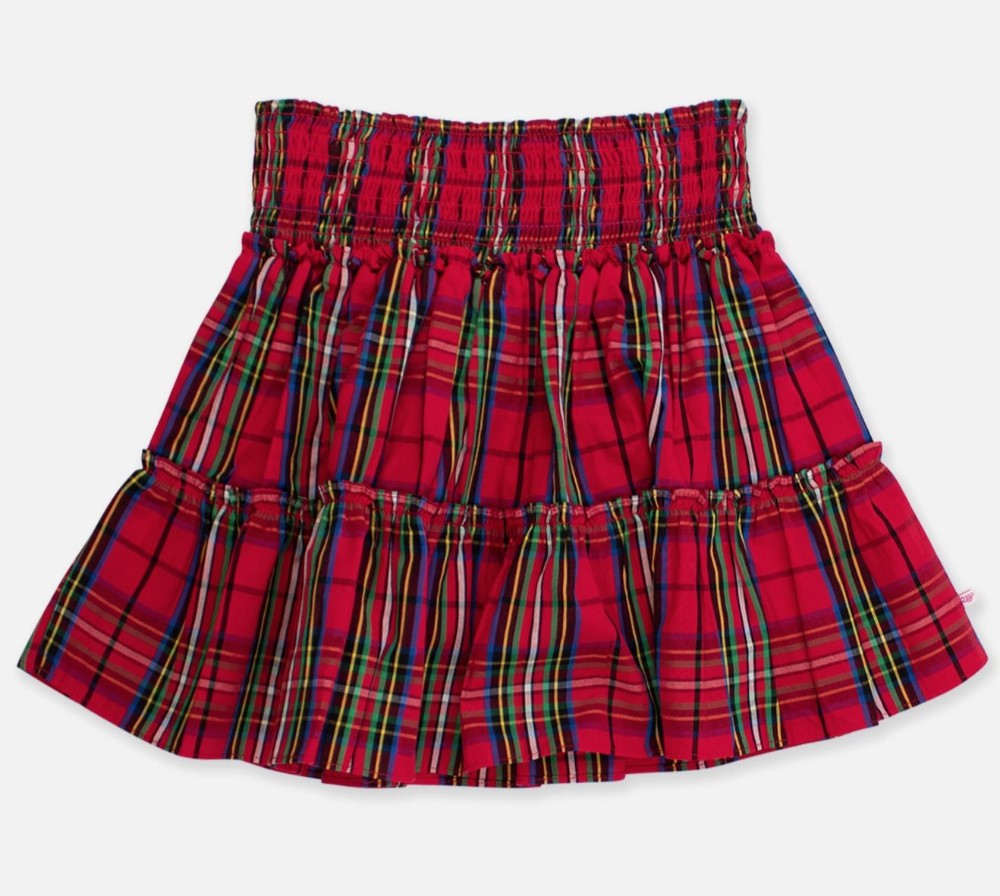 Girls Red Plaid Smocked Twirl Skirt|6576