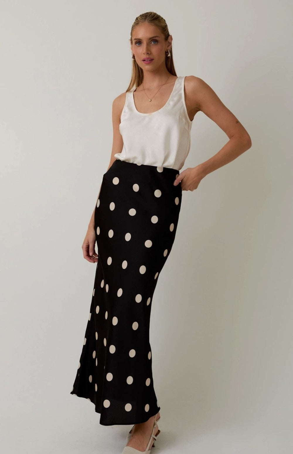 Satin Midi Skirt in Polka Dot|6601