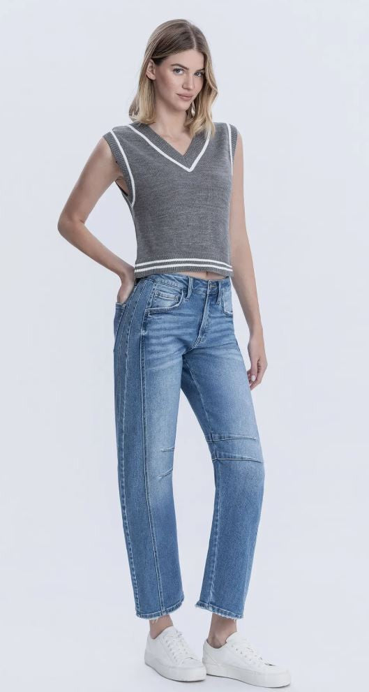 High Rise Medium Wash Crop Barrel Jeans|6767