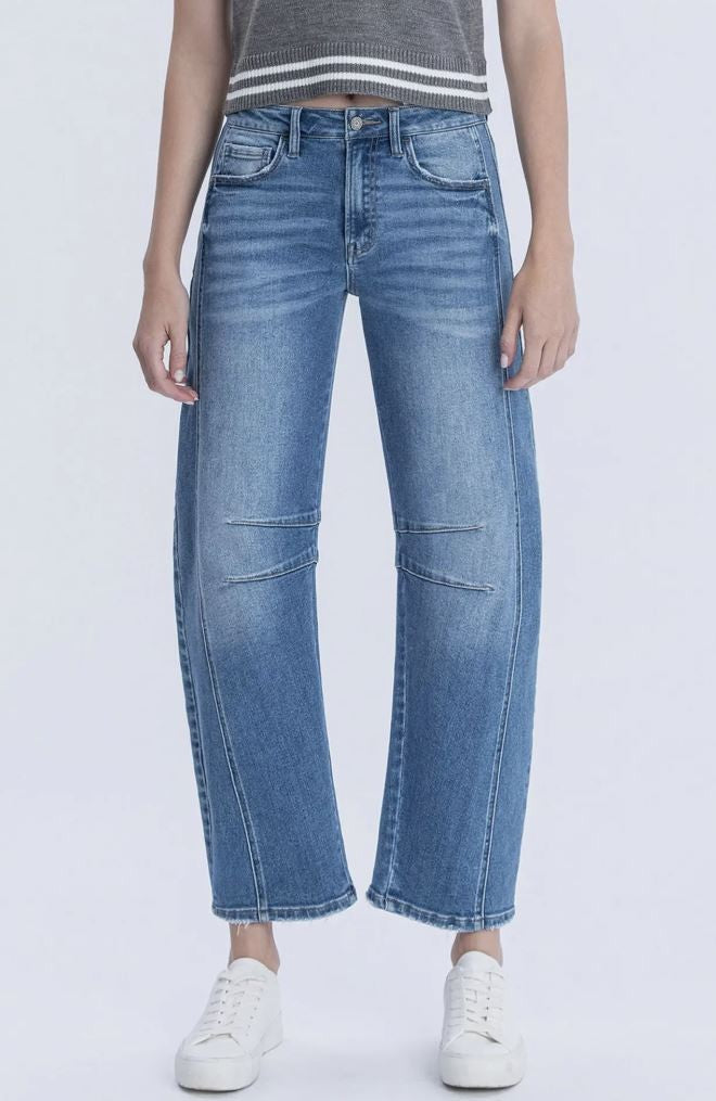 High Rise Medium Wash Crop Barrel Jeans|6768