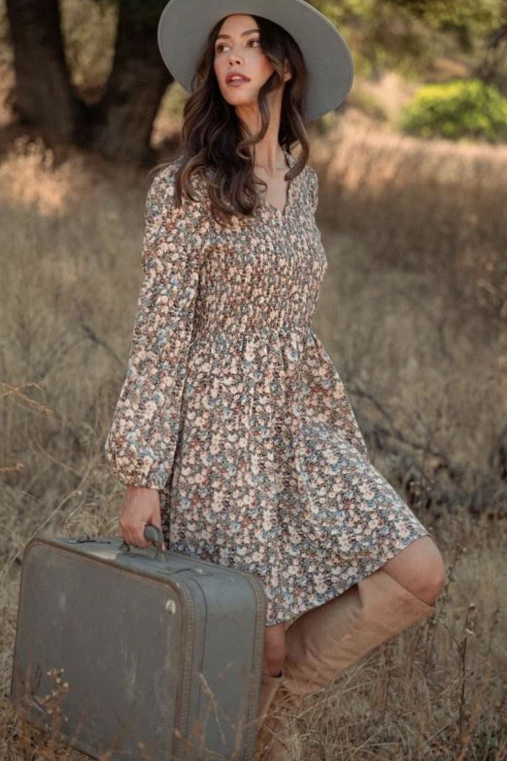 Floral Above-The-Knee Smocked Dress w Sleeves|6769