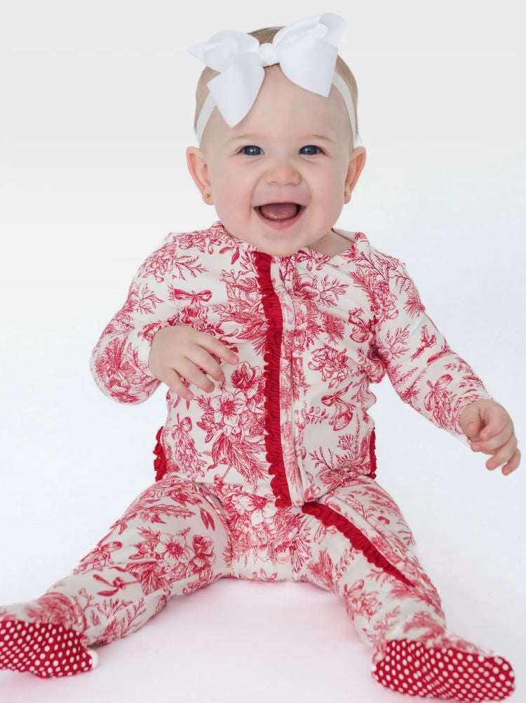 Cotton Red Poinsettia One Piece Pajama w Ruffles|6777