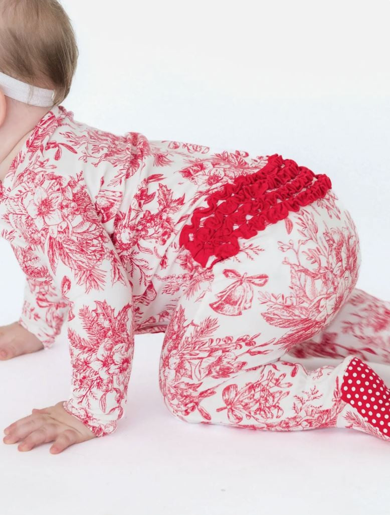 Cotton Red Poinsettia One Piece Pajama w Ruffles|6779