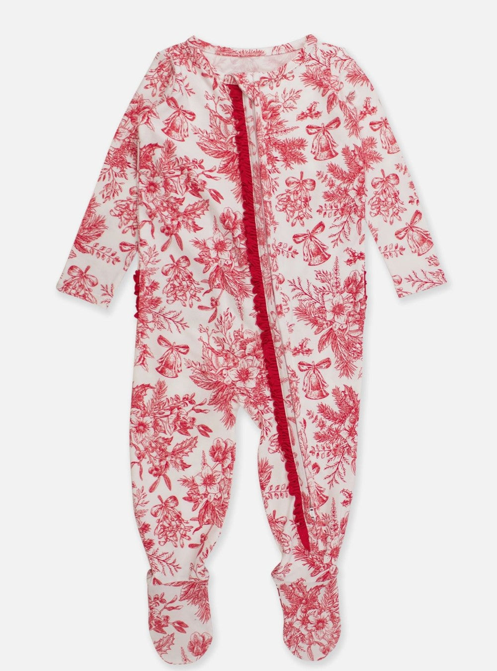 Cotton Red Poinsettia One Piece Pajama w Ruffles|6780
