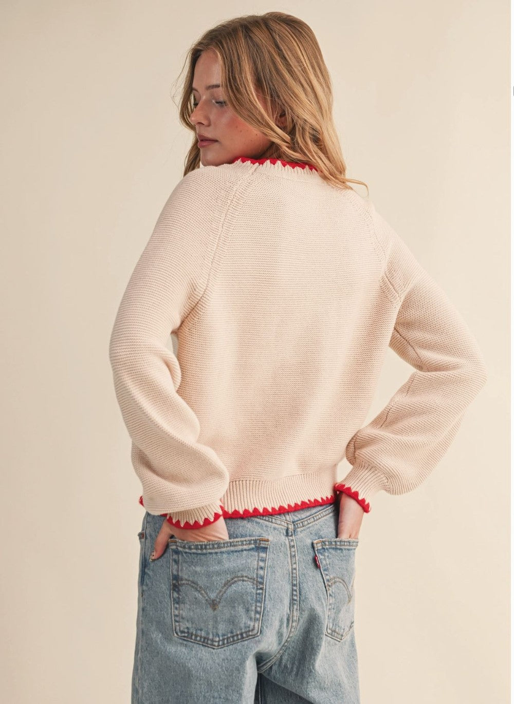 Long Puff Sleeve Sweater with Contrast Stitch|6798