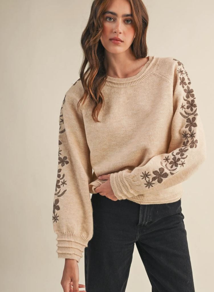 Pullover Sweater with Floral Embroidered Sleeves|6799
