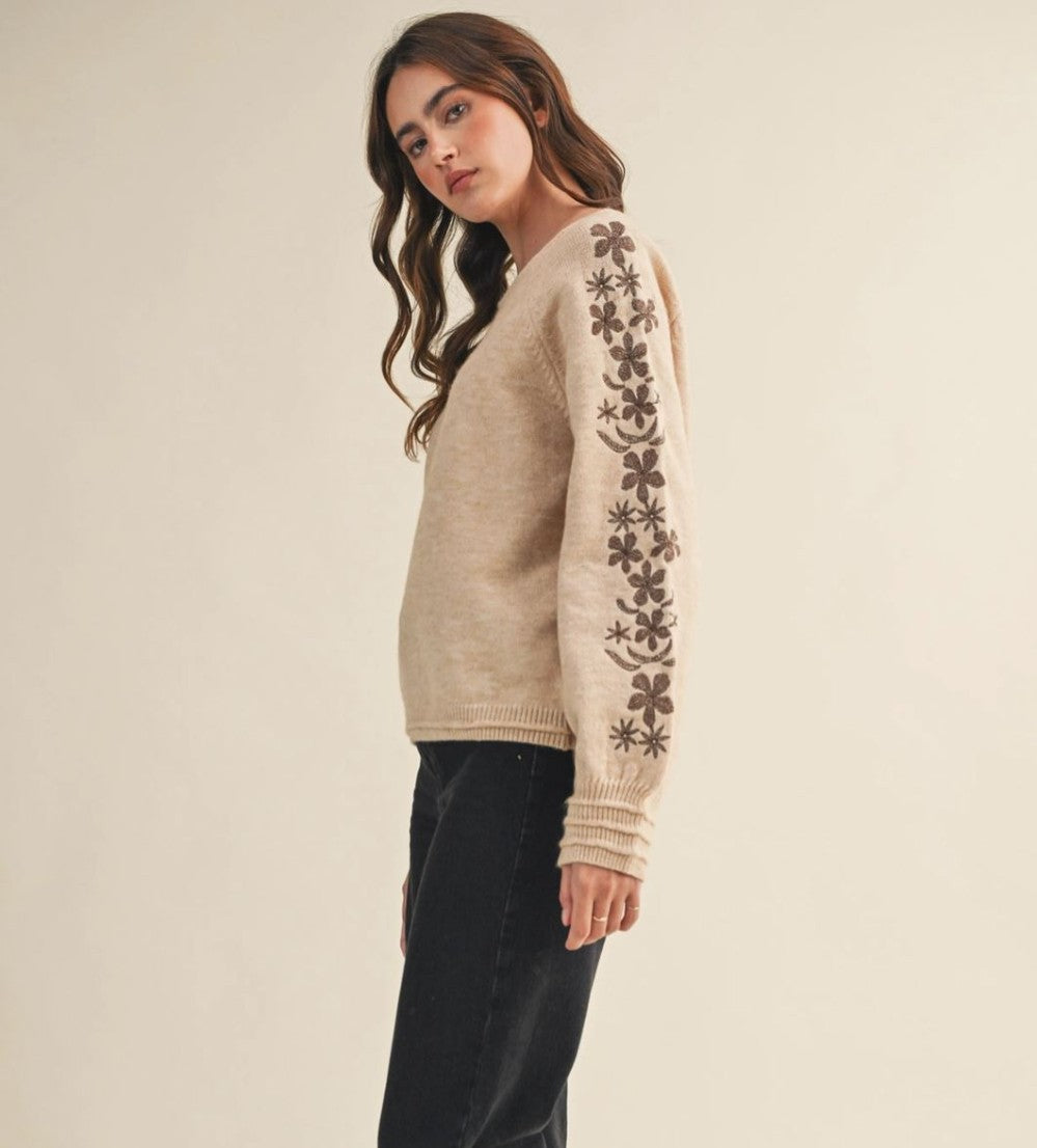 Pullover Sweater with Floral Embroidered Sleeves|6800