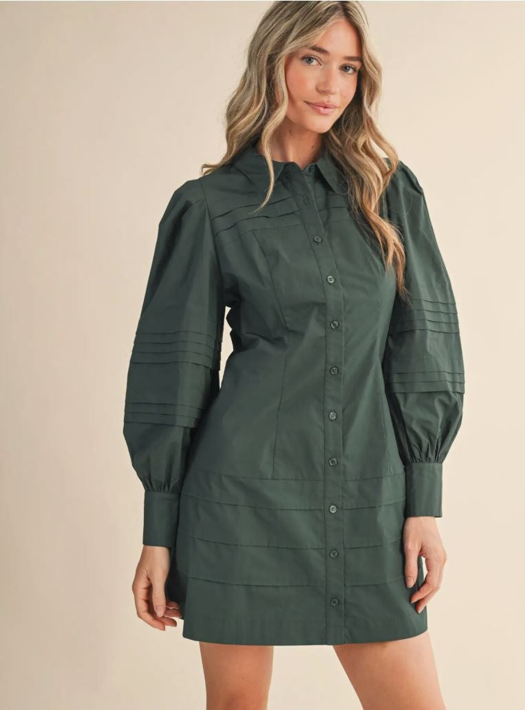 Hunter Green Pin Tuck Mini Dress|6807