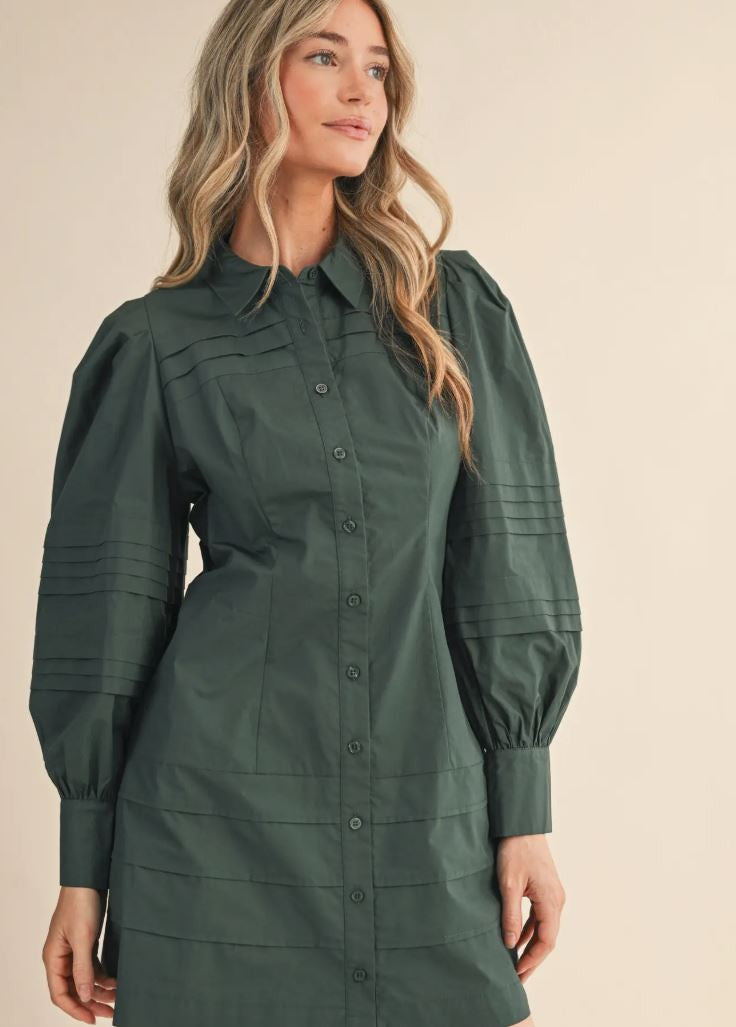 Hunter Green Pin Tuck Mini Dress|6808