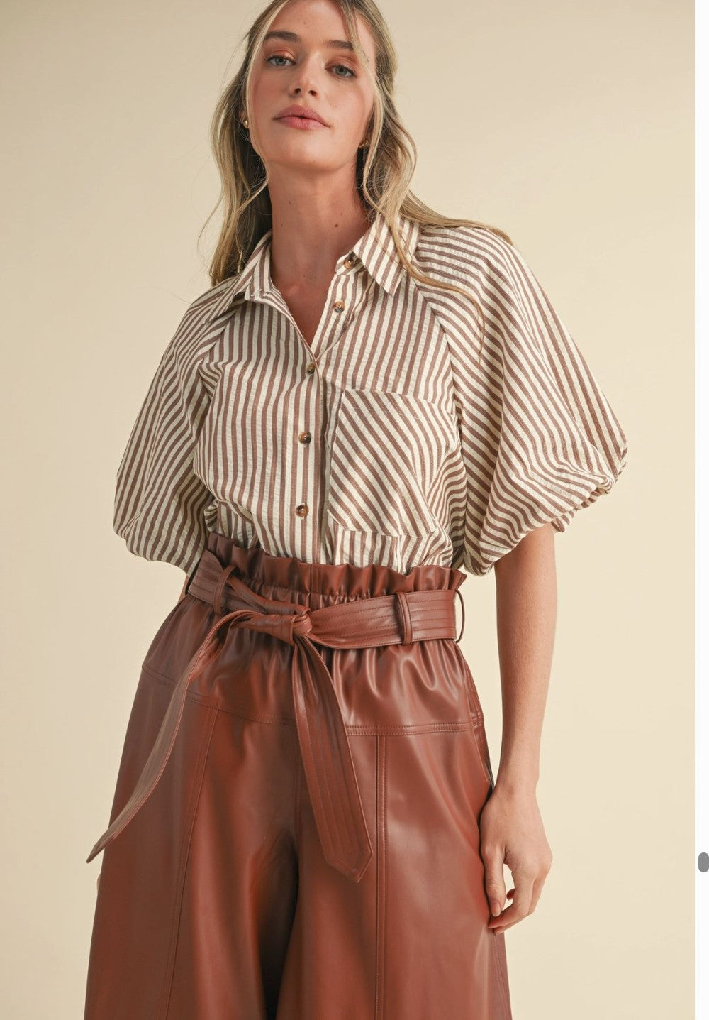 Striped Bubble Sleeve Button Down Top|6809