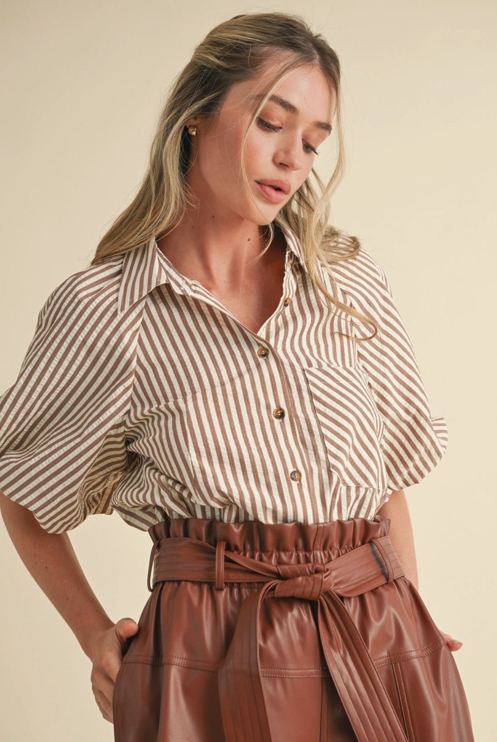 Striped Bubble Sleeve Button Down Top|6810