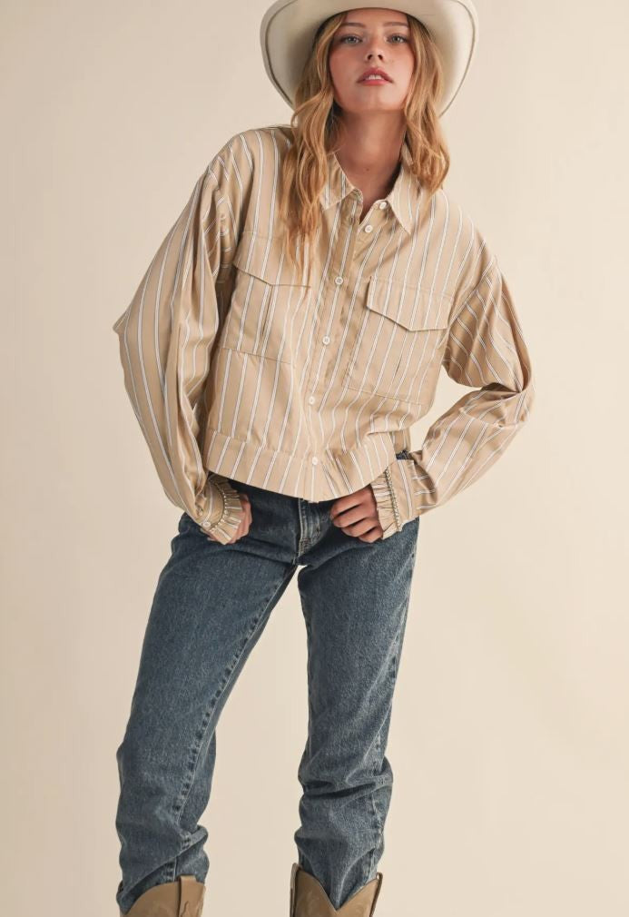 Rhinestone Sleeve Striped Button Down|6820