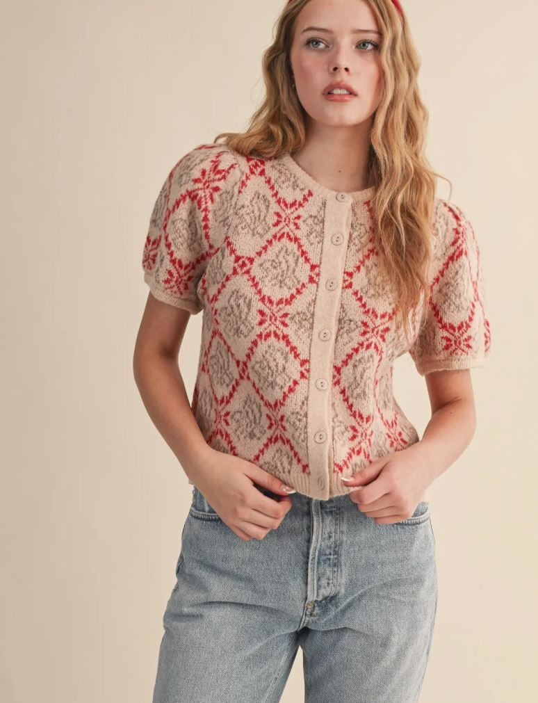 Floral Short Sleeve Sweater Cardigan Red Floral|6833