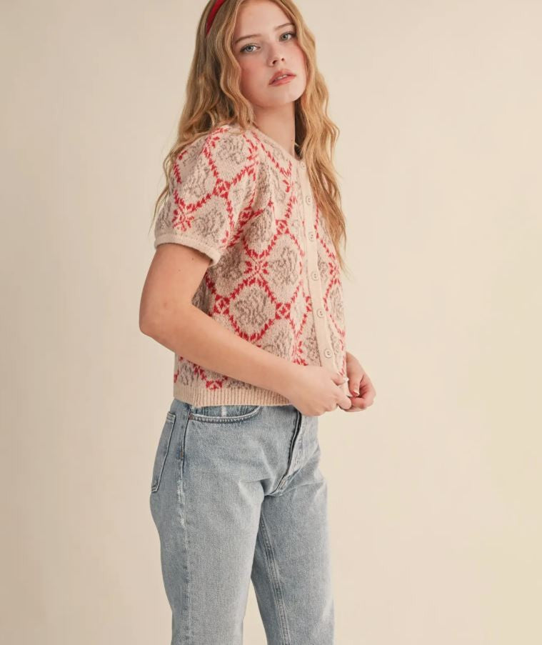 Floral Short Sleeve Sweater Cardigan Red Floral|6834