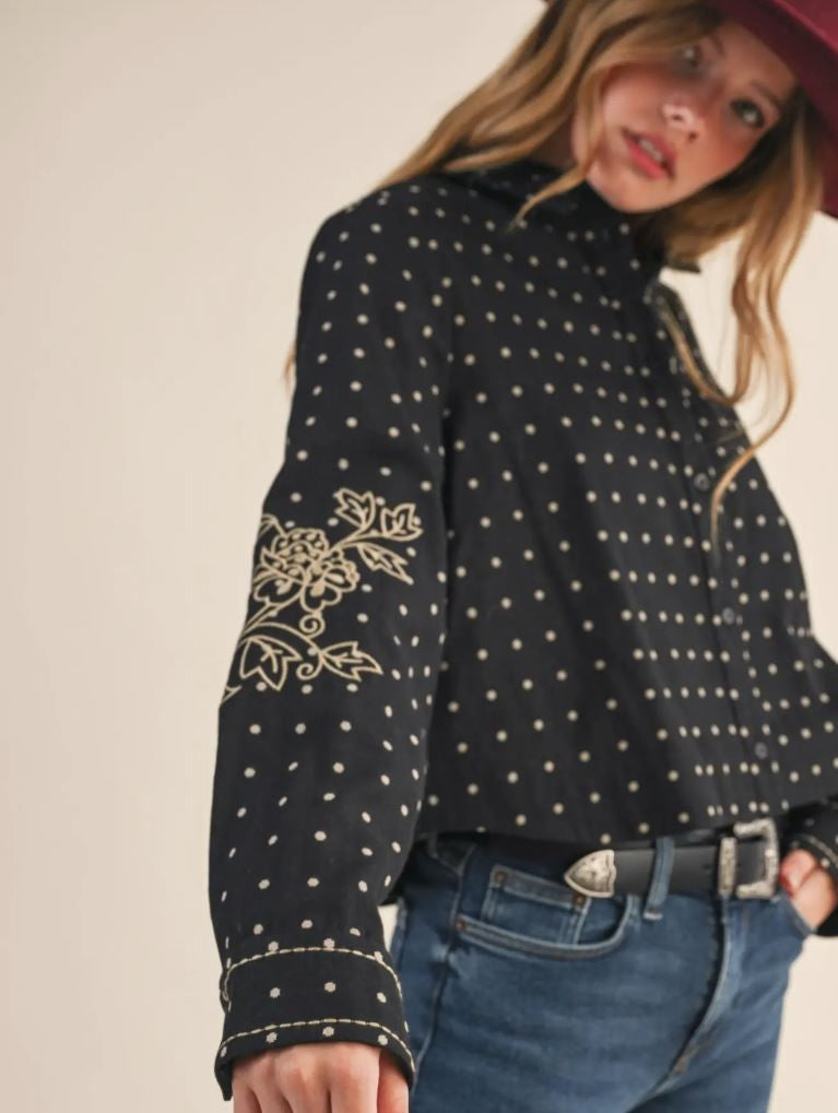 Polka Dot Floral Embroidery Button Up|6835