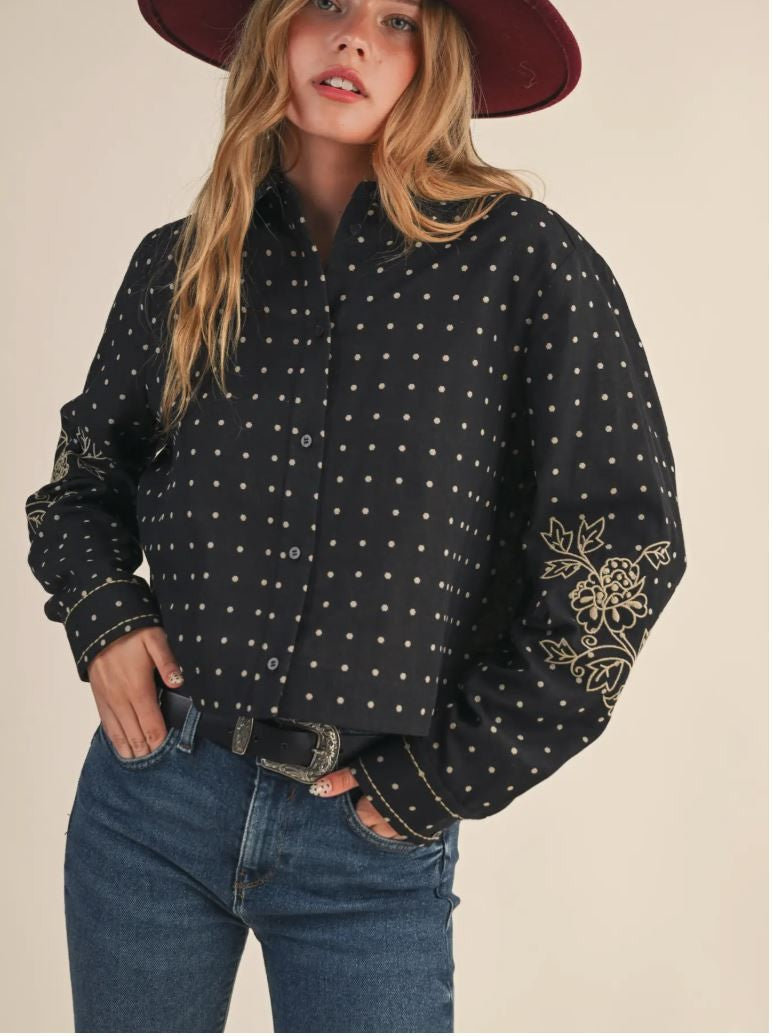 Polka Dot Floral Embroidery Button Up|6836