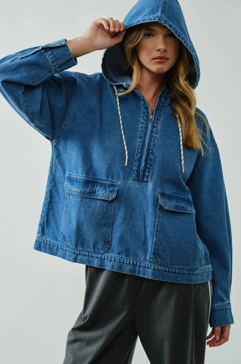 Oversized Comfy Denim Hooded Pullover|6837